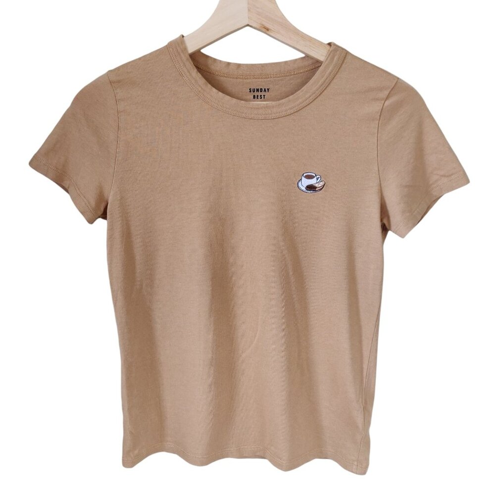 Aritzia Sunday Best Tan T-Shirt with Coffee Cup and Biscuit Patch Small